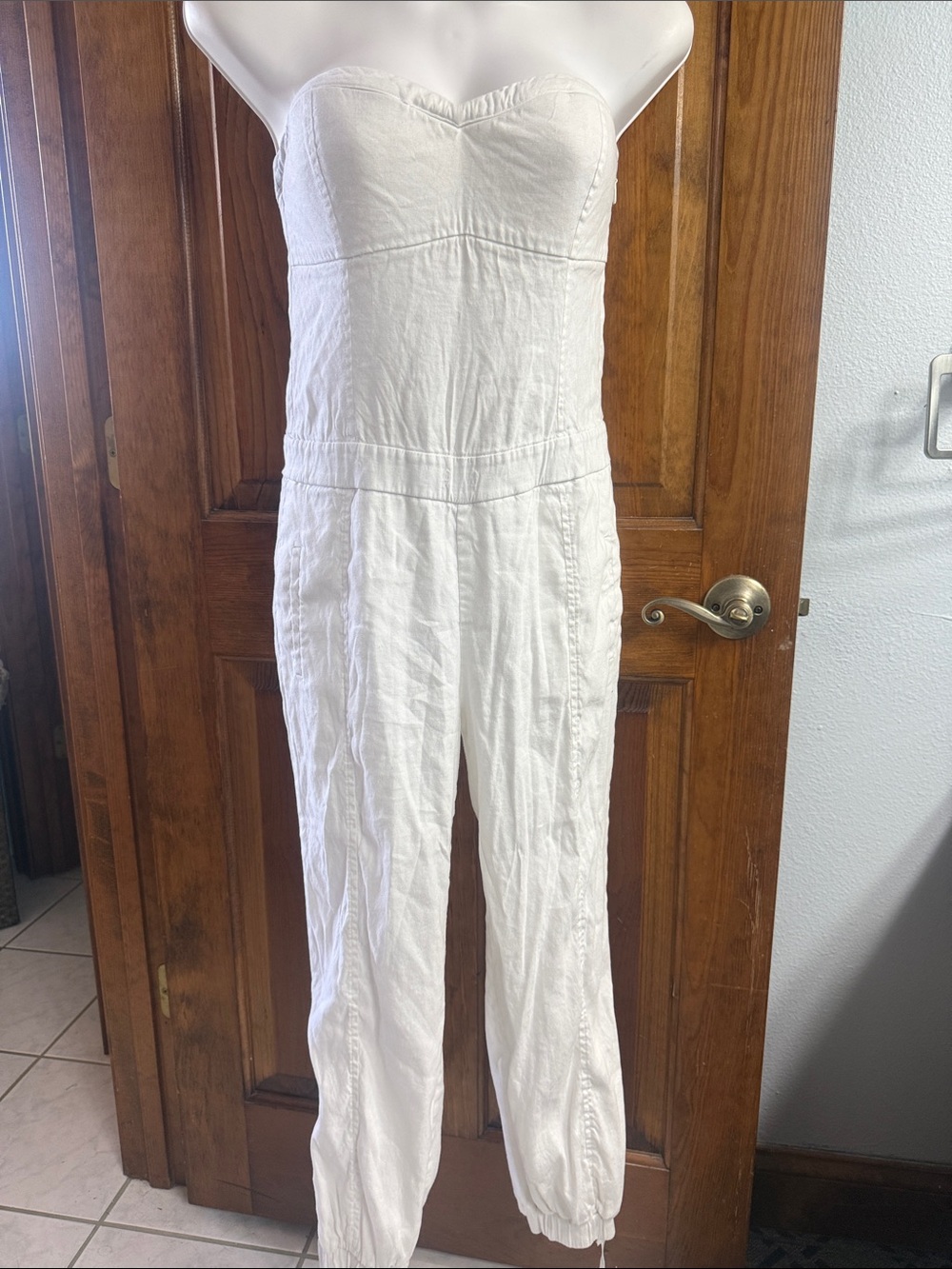 bebe White Strapless Linen-Blend Jumpsuit
